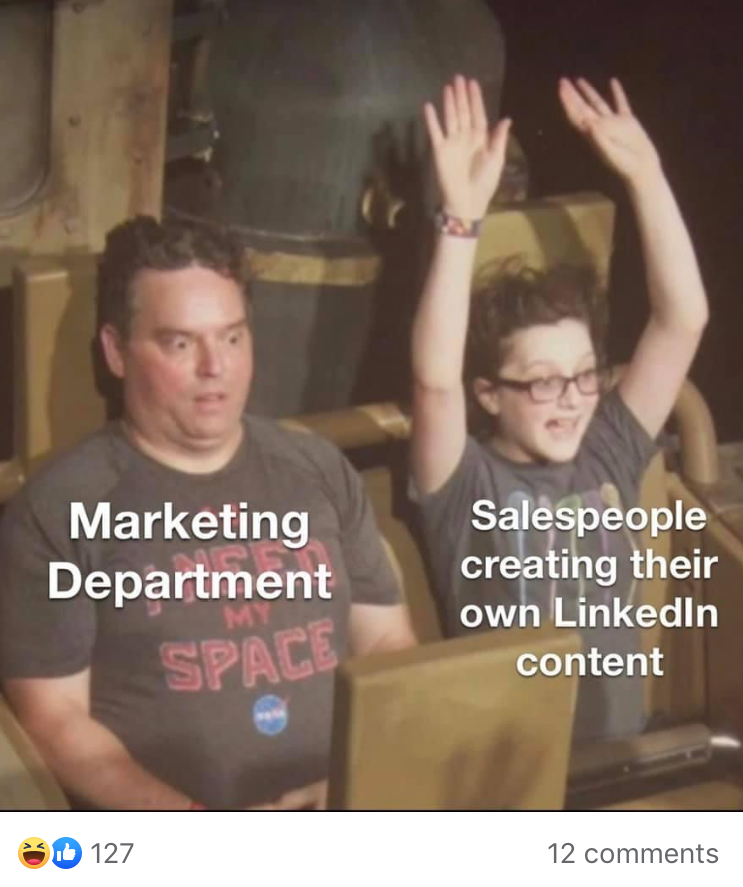 child and adult on rollercoaster business meme 'marketing department reaction to salespeople creating their own LinkedIn content.'